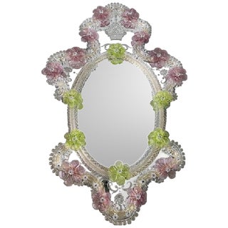 Venetian Oval Green and Pink Floral Hand-Carved Mirror by Simoeng, 2000s For Sale