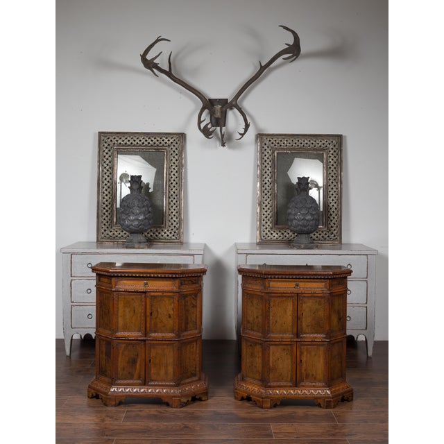 Pair of 1800s Italian Carved Walnut Cabinets with Canted Sides, Drawer and Doors For Sale In Atlanta - Image 6 of 12