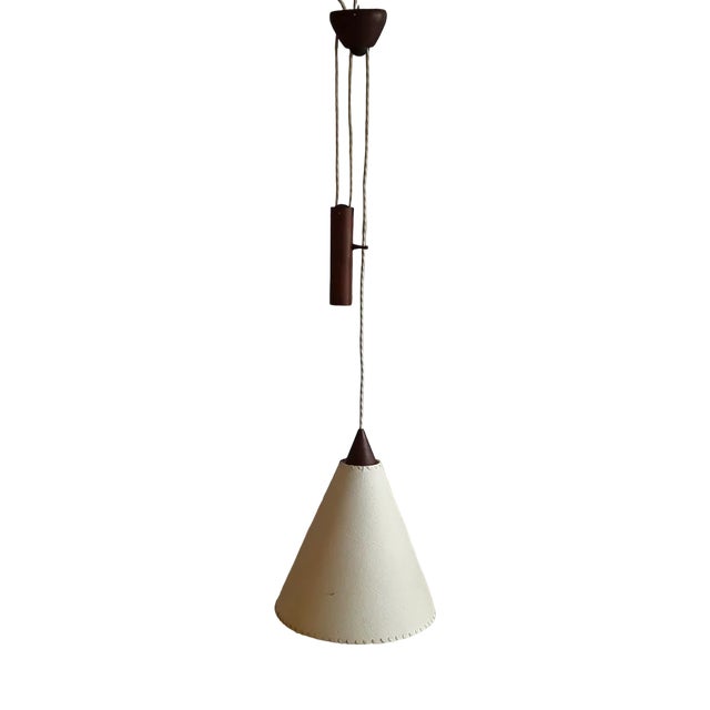 Vintage Height-Adjustable Ceiling Lamp with Mounting and Counterweight in Teak with a Cream-Colored Paper Screen, 1970s For Sale