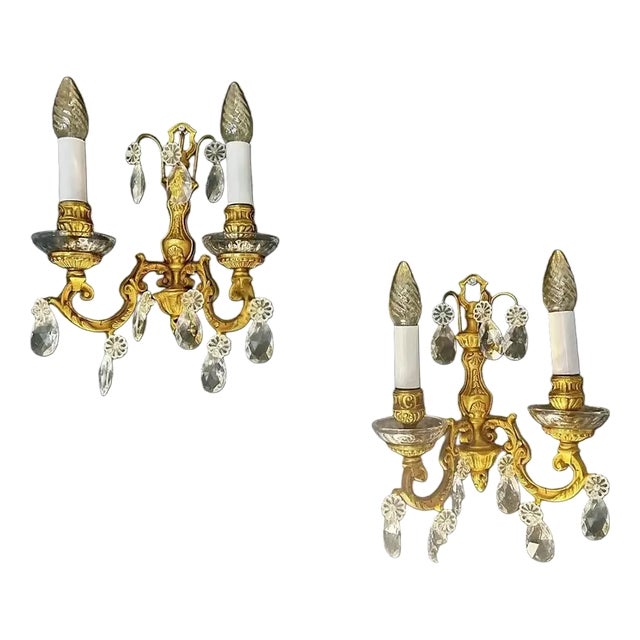 19th Century Louis XVI Wall Sconces in Gilt Bronze & Crystal, 1880s, Set of 2 For Sale