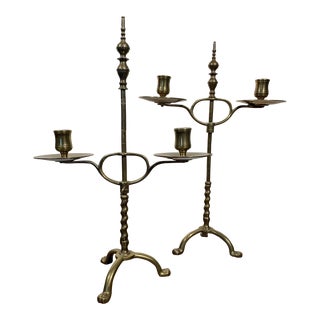 Late 19th Century English Adjustable Brass Candleholders- a Pair For Sale