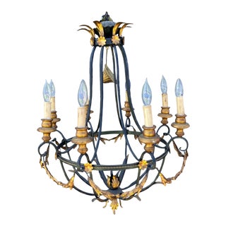 Mid 20th Century 8 Light Italian Wrought Iron Metal & Wood Gilded Chandelier For Sale