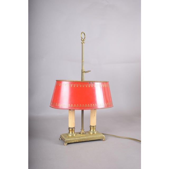Gold Brass Bouillotte Table Lamp with Red Tole Shade, 1950s For Sale - Image 8 of 15