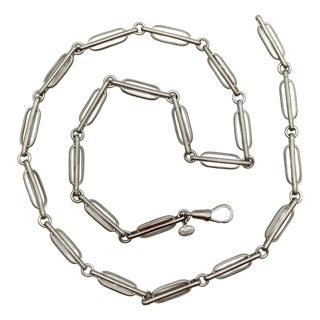 1990s Brushed Sterling Silver Trombone Link Variation Chain With Dog Clip For Sale