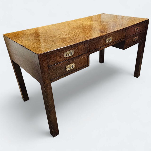 This Vintage Burlwood Campaign Style Writing Desk, inspired by the legacy of 19th-century British military campaign...