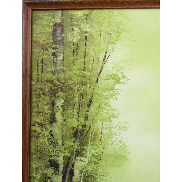 1980s Serene Green - Vintage Oil Painting by Jo Ann Wright, Listed Texas Artist - Forest Trees With Water Scene For Sale - Image 5 of 10