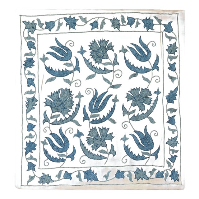 20"x20" 100% Silk Cushion Cover. Hand-Embroidered Pillowcase. Blue Lace Pillow For Sale