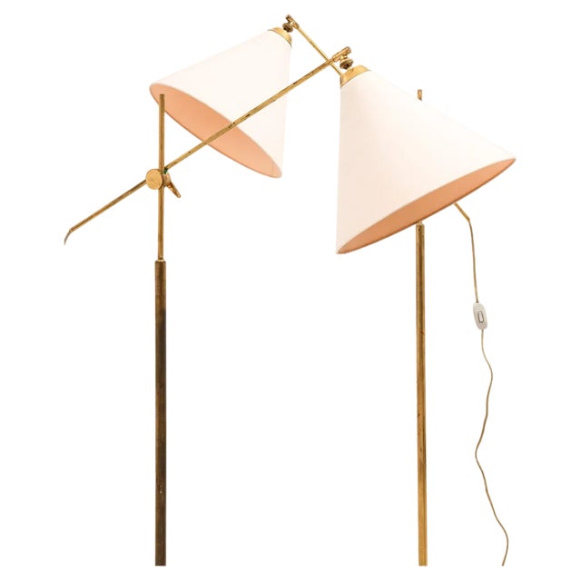 Floor Lamps in Brass with Original Shades attributed to T. H. Valentiner, 1960s, Set of 2 For Sale