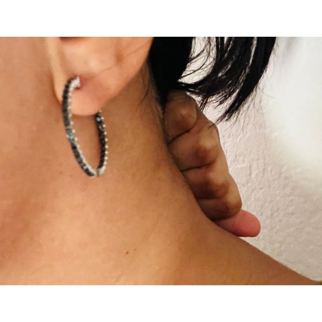 Metal 1.73 Carat Black Diamond 14 Karat White Gold Hoop Earrings, A Pair For Sale - Image 7 of 7