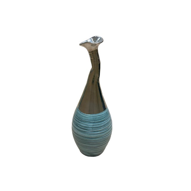 Teal Green Metallic Silver Glaze Narrow Neck Ceramic Art Vase For Sale - Image 10 of 11