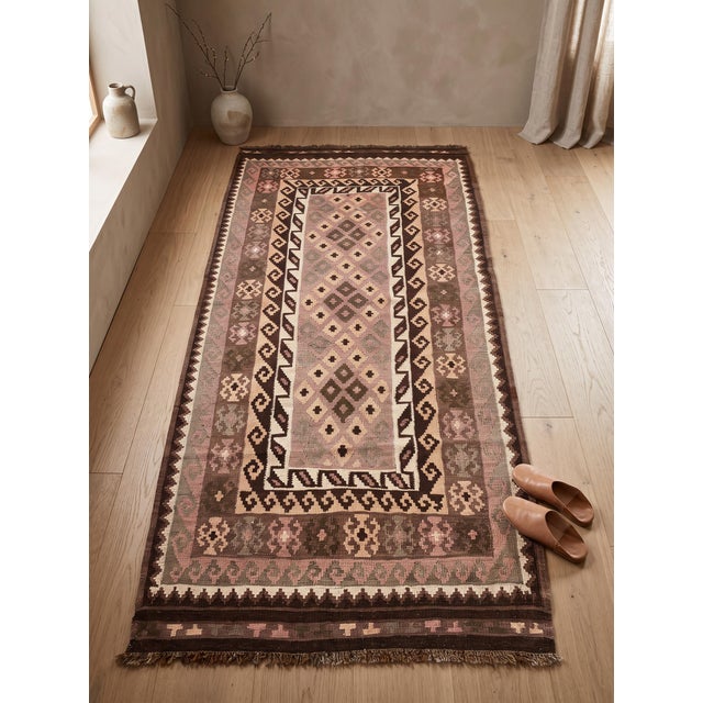 Islamic Afghan Maimana Kilim Accent Rug, Handwoven Wool, 3x7, Mauve & Sage For Sale - Image 3 of 11