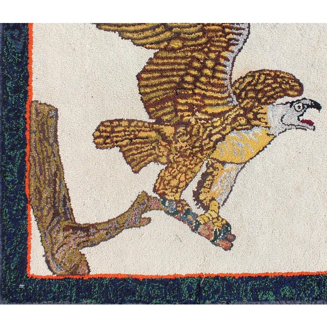American Creams and Gold, Tan Antique American Hooked Rug With a Bald Eagle on a Tree 2'7"x3'1" For Sale - Image 3 of 8
