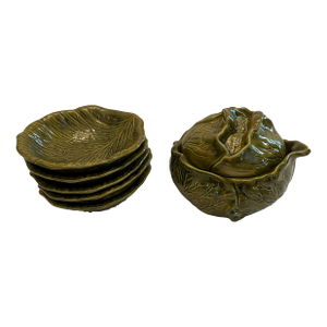 Vintage 1971 Holland Mold Green Cabbage Ware Tureen With Bowls