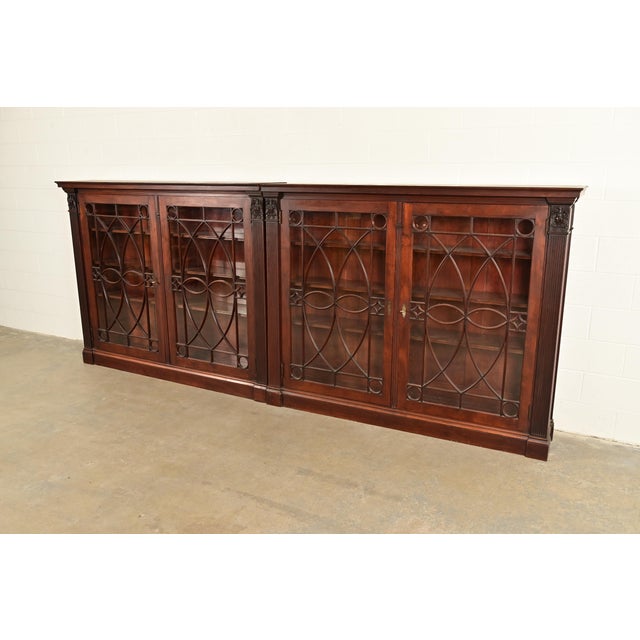 English R. J. Horner Style Antique American Empire Monumental Carved Mahogany Quadruple Bookcase Cabinet, Circa 1890s For Sale - Image 3 of 14