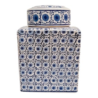 Blue & White Small Floral Print Square Ginger Jar For Sale