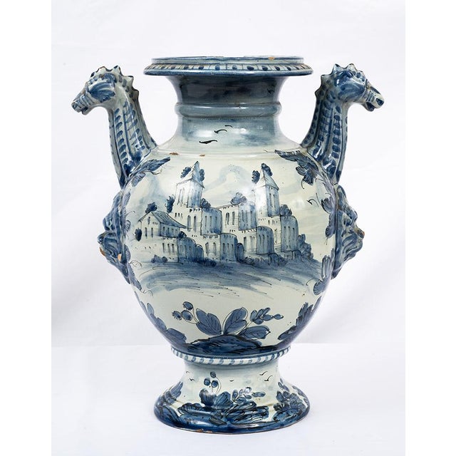 Antique Stagnone Vase in Glazed Majolica with Double-Handled Sides, 1700s For Sale - Image 5 of 7