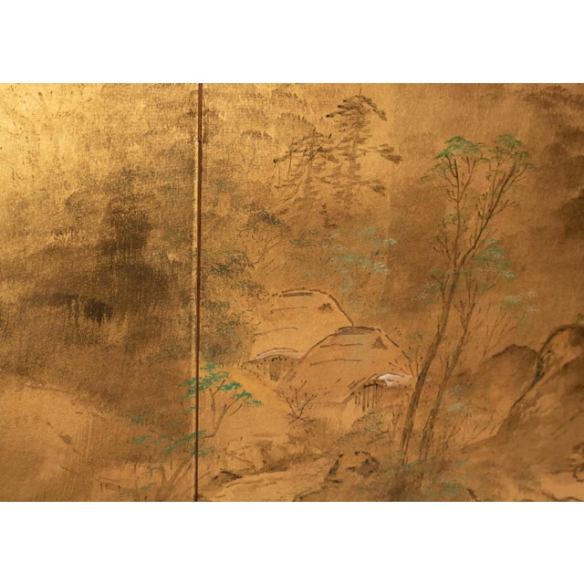 1960s Shōwa Era Japanese Byobu Screen "Landscape With Bridge" on Gold Background For Sale - Image 9 of 18