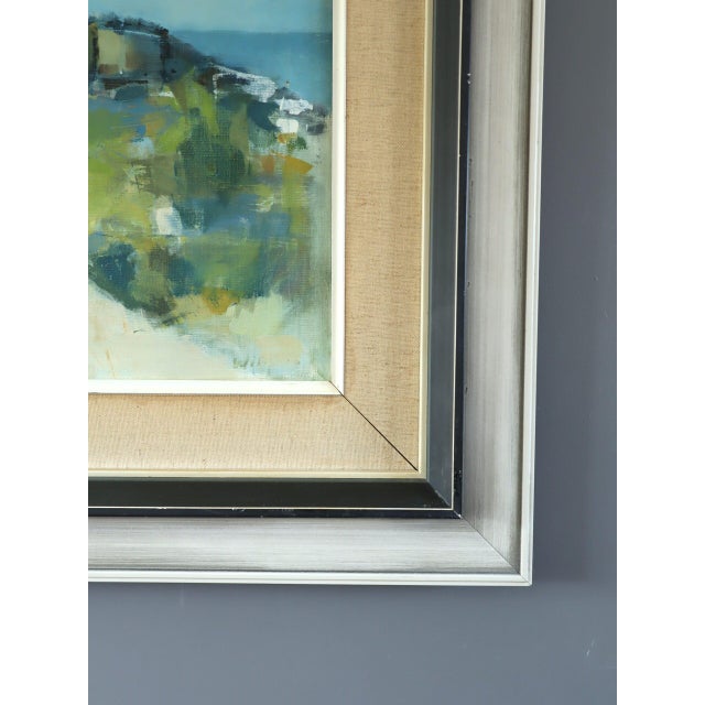 Mid-Century Modern 'Outpost by the Sea' Vintage Original Landscape Oil Painting, Framed For Sale - Image 6 of 10