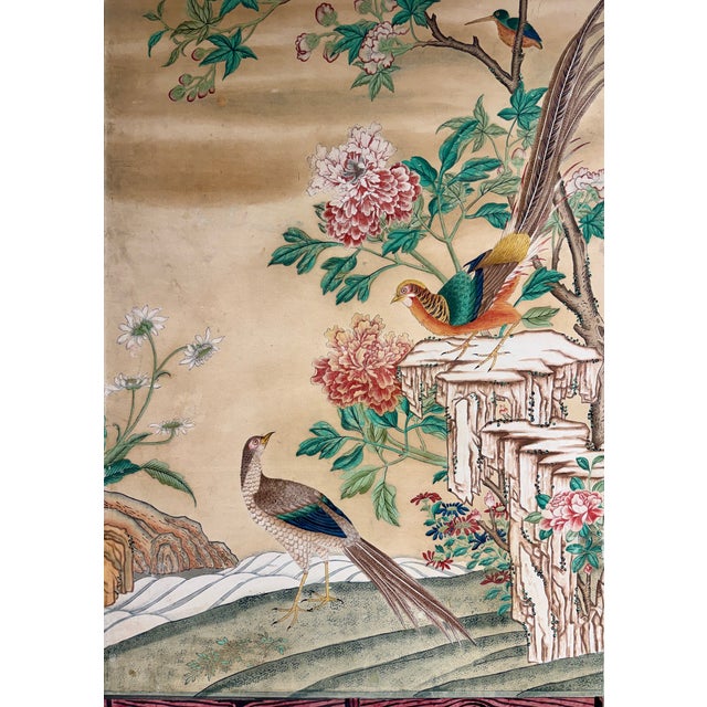 Chinese Export Six Panel Screen Circa 1920s, Hand-Painted Chinoiserie Garden With Birds For Sale - Image 15 of 16