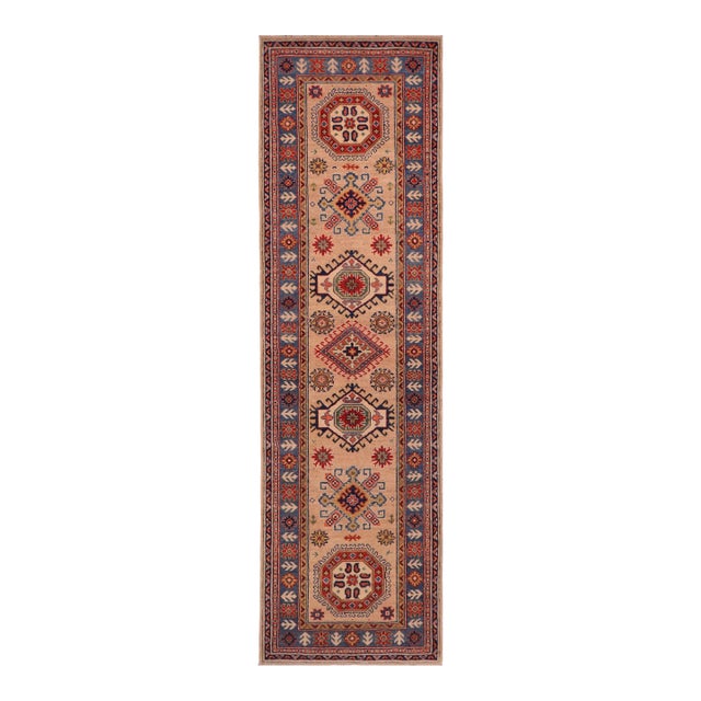 Southwestern Kazak Peach/Light Blue Wool Runner Rug- 2'10''x9'8'' For Sale