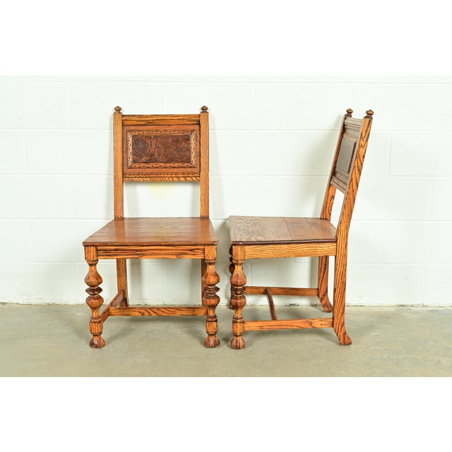 Early Romweber Antique English Jacobean Carved Oak and Burl Wood Dining Chairs, Set of Six For Sale In South Bend - Image 6 of 13