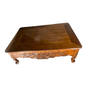 Late 20th Century Large French Provincial Carved Cherry Wood Cocktail or Coffee Table - Attributed to Karges