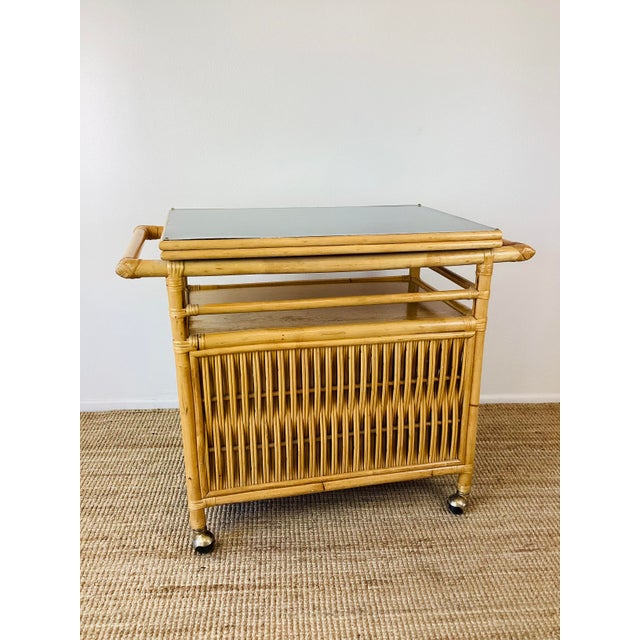 Tan Vintage 1960s Rattan Serving Bar Cart on Wheels For Sale - Image 8 of 10