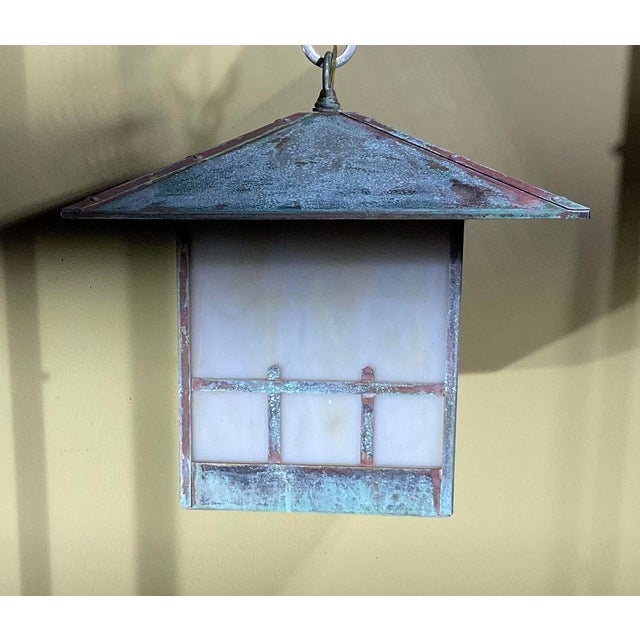 Art Deco Single Arts & Crafts Brass Lantern Pendant Light With Art Glass For Sale - Image 3 of 12