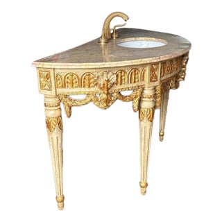Louis XVI French Marble-Top Vanity With Giltwood Urns, Garlands & Fleur-De-Lis For Sale