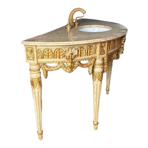 Louis XVI French Marble-Top Vanity With Giltwood Urns, Garlands & Fleur-De-Lis