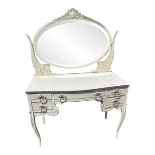 Charming White Painted Wood Vanity With Oval Mirror For Sale