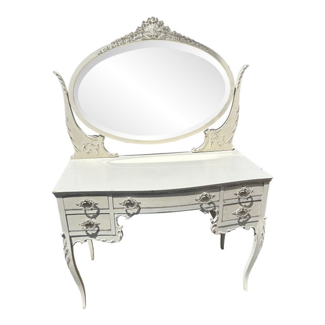Charming White Painted Wood Vanity With Oval Mirror For Sale