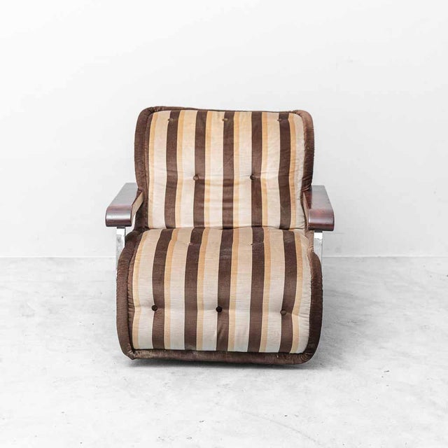 Brown Fabric Armchair with Wooden Armrests, 1970s For Sale - Image 3 of 10