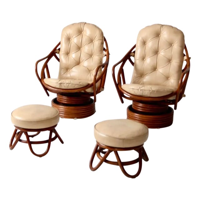 Mid-Century Rattan Swivel Chairs With Ottomans - 4 Pieces For Sale