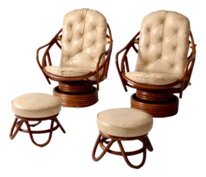 Mid-Century Rattan Swivel Chairs With Ottomans - 4 Pieces