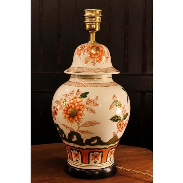 Cream Vintage Spanish Hand-Painted Porcelain Lamp with Floral Motifs, 1950s For Sale - Image 8 of 8