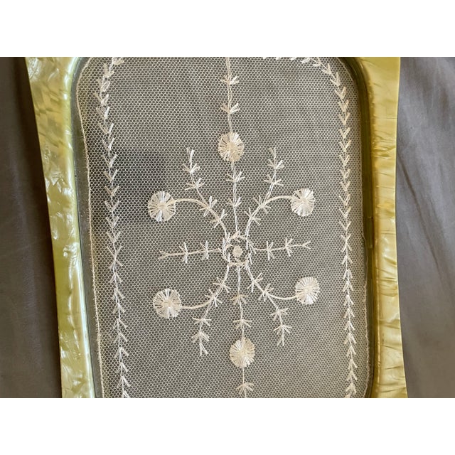 Art Deco Vintage Art Deco Yellow Luster Celluloid Glass Vanity Dresser Tray Lace Inset For Sale - Image 3 of 7