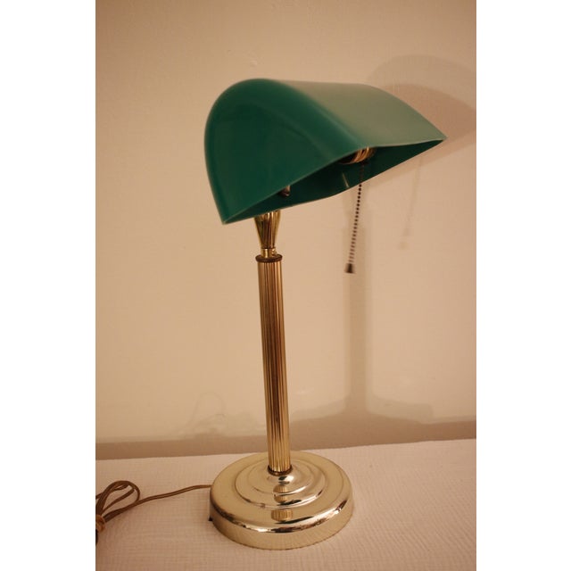 Vintage Ministerial Art Deco Style Brass Banker's Desk Lamp With Emerald Green Shade For Sale - Image 9 of 12
