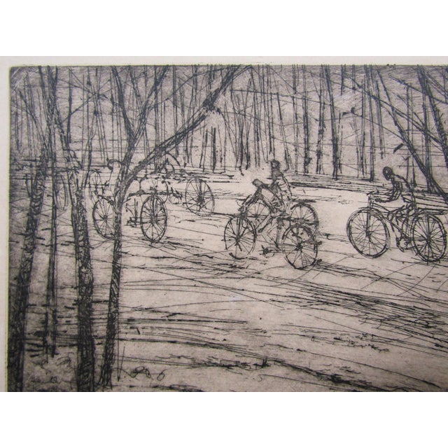 Illustration 1970s Signed William Benecke "The Cyclists" Limited Edition Etching Aquatint Drypoint 51/100 Art Print, Framed For Sale - Image 3 of 8