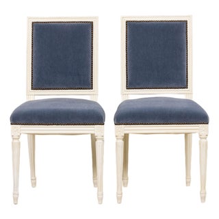 Antique French Louis XVI Style Painted Side Chairs W/ Blue Mohair – A Pair For Sale