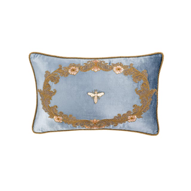 Elevate your home with the timeless elegance of the Venice Blue Silk Velvet Embroidered Throw Pillow Cover. Handcrafted...