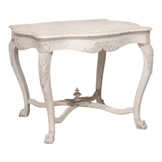 1850s Swedish Painted Center Table with Carved Volutes and Cross Stretcher For Sale