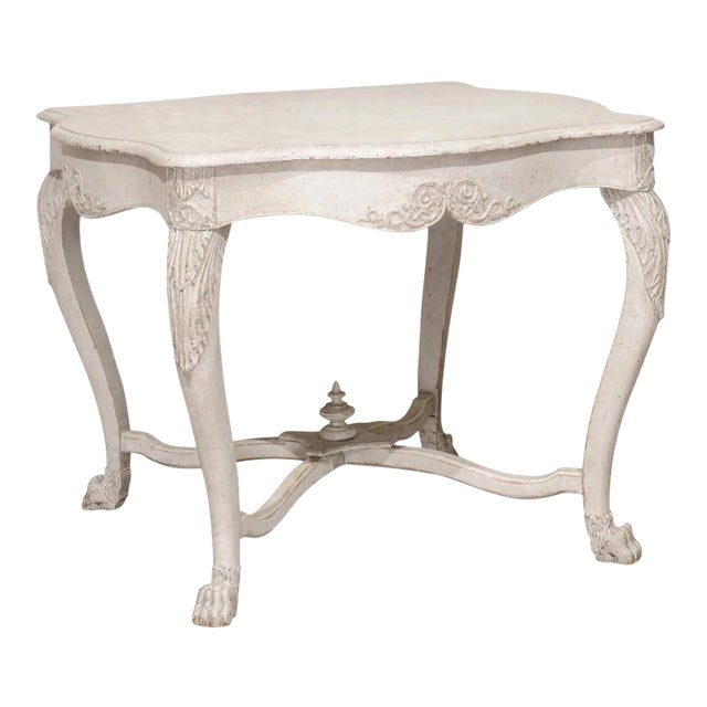 1850s Swedish Painted Center Table with Carved Volutes and Cross Stretcher For Sale