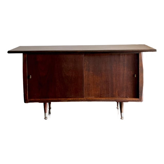Vintage American Mid Century Modern Walnut Credenza, Sliding Door Sideboard, Media Console, Tv Stand & Record Cabinet For Sale