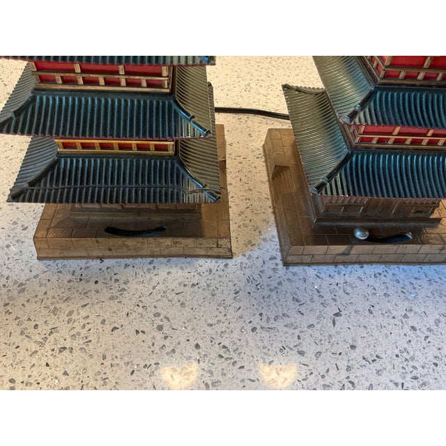 Dark Green 1940s Enameled Metal Pagoda Lamps - A Pair For Sale - Image 8 of 8