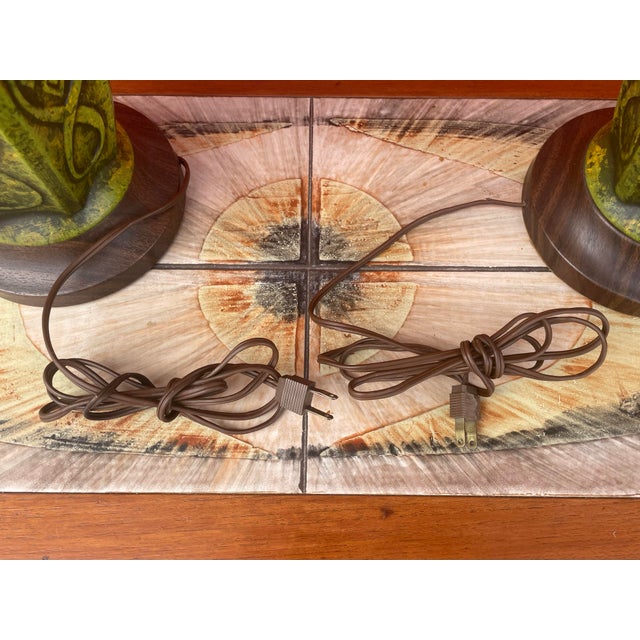 Pair Large Mid Century Modern Green Lava Glaze Ceramic Lamps For Sale - Image 10 of 10