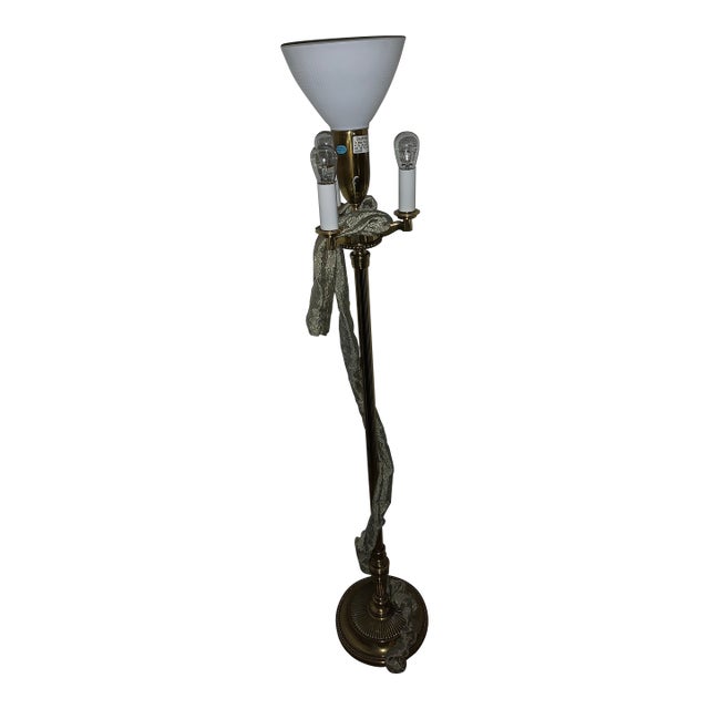 Vintage Stiffel Brass Torchiere Floor Lamp With a Milk Glass Shade For Sale