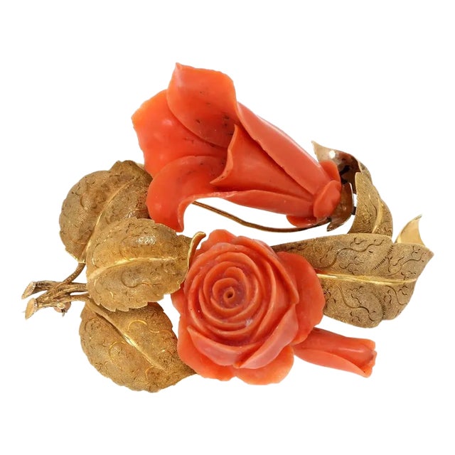 Vintage 14k Yellow Gold Carved Coral Flower & Leaves Brooch For Sale