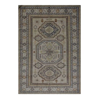 6'x9' Geometric Kazak Ariana Hazara Rug | Blue, White & Brown Wool For Sale
