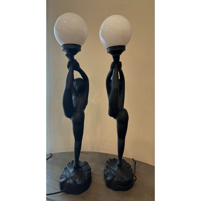 Art Deco Style, Nude Women Matching Black Tall Lamps - a Pair For Sale - Image 4 of 9